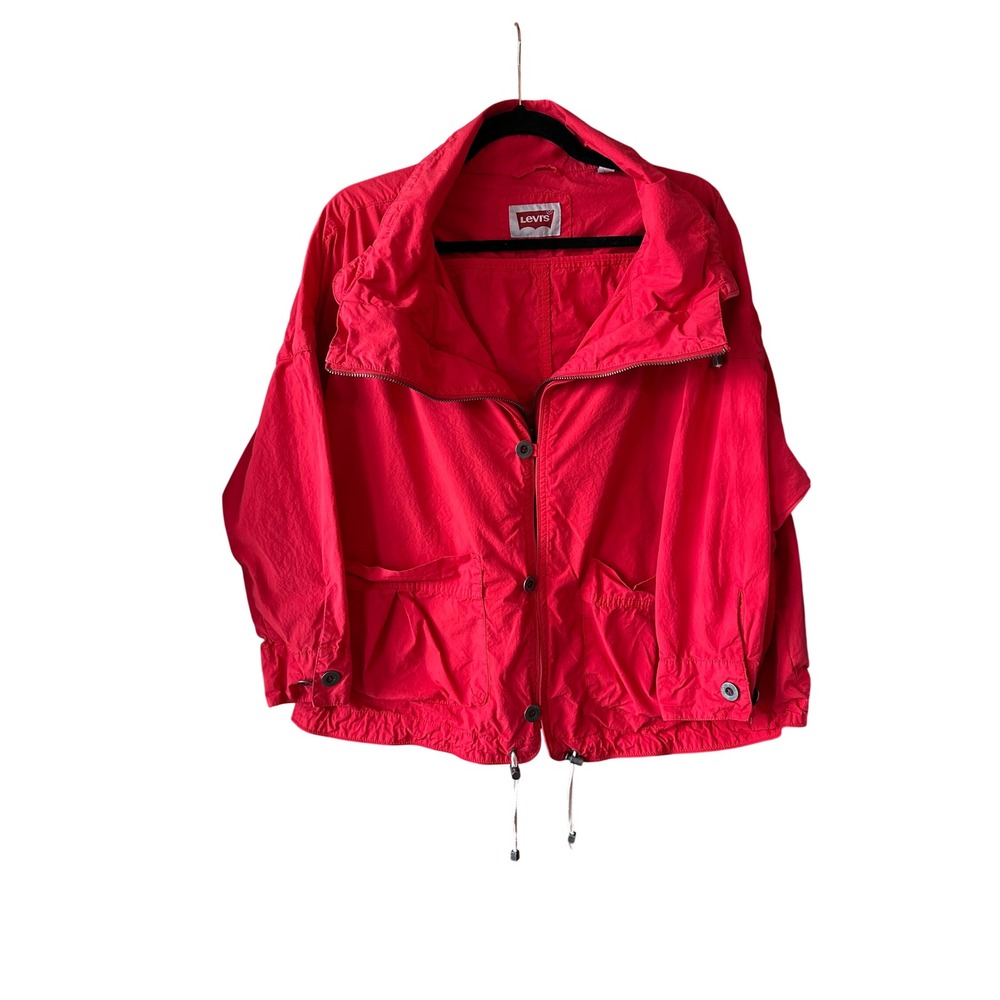 Levis Womens Red Windbreaker Jacket Mock Neck Full Zip Cargo Pockets Large